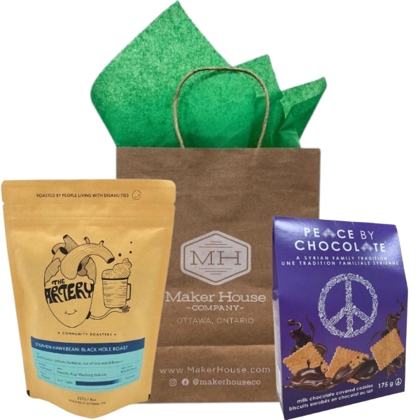 A smaller gift bag, perfect for large group gifts. Inside is a variety of products, perfect for a variety of people!