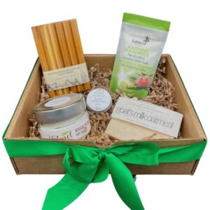 Bath and Body assorted Gift Box. Each box is lovingly packed with: Goats Milk Oatmeal Bar Soap, Cedar Soap Dish, Soothing Eucalyptus Bath Soak, Lavender & Sage Soy Candle, and Cocoa Butter Lip Balm.