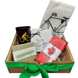 Bike Lovers Gift Box. Each gift box is lovingly packed with: Bike Glass Tumbler, Old-Timey Bicycles Coasters, Cedarwood Soap, Bicycle Tea Towel and EH? - Canadian Sayings Chocolate Bar.